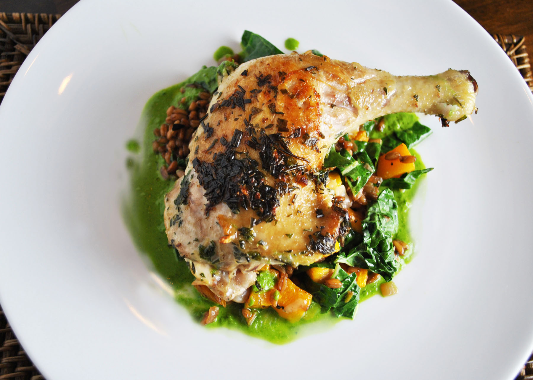 Roasted chicken with Farro and herb sauce